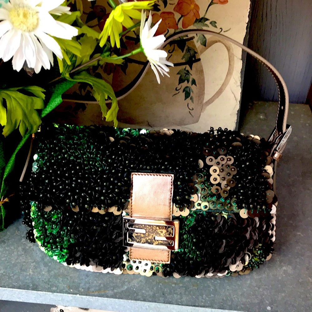 Fendi multi green sequins baguette bronze leather